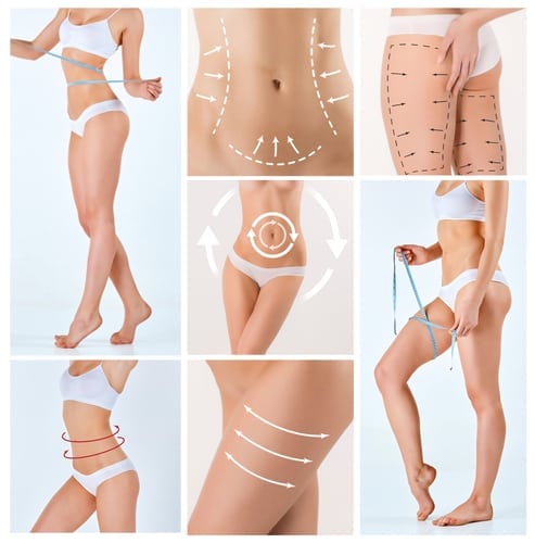Collage of female body combing procedures with the drawing arrows