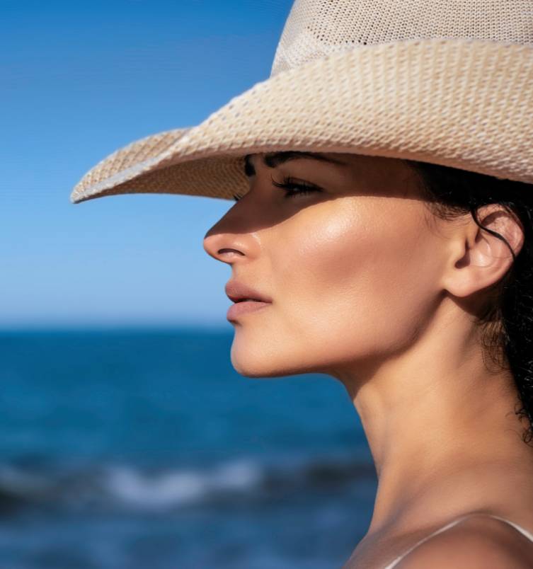 Side profile of a woman's head in a cowgirl hat