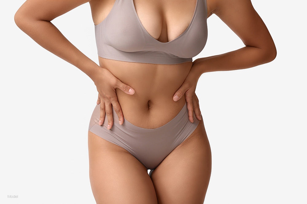 Curvy woman in gray underwear